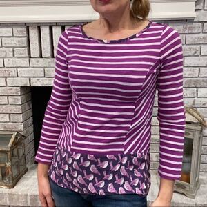 Anthropologie postmark purple‎ Stripe Hi Lo Shirt Birds Mixed Print XS Lagenlook